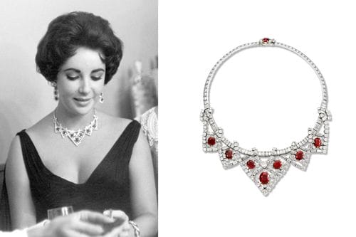 Collar de rubíes y diamantes de la firma de joyas francesa Cartier. Lo lleva la actriz Elizabeth Taylor.