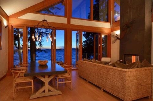 vista nocturna salon comedor casa madera vista noche