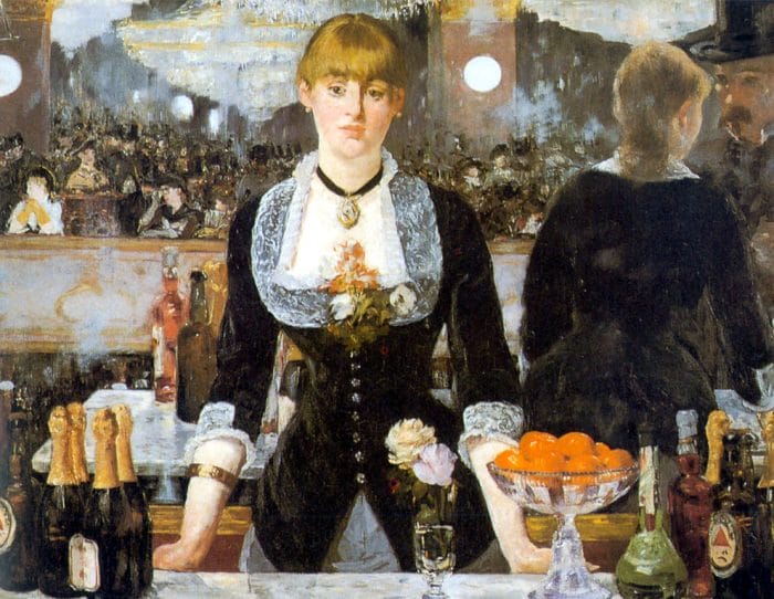 mujer en bar cuadro impresionista