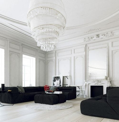 Parisian-Apartment-living-with-large-white-chandelier-and-black-lounges2-600x760