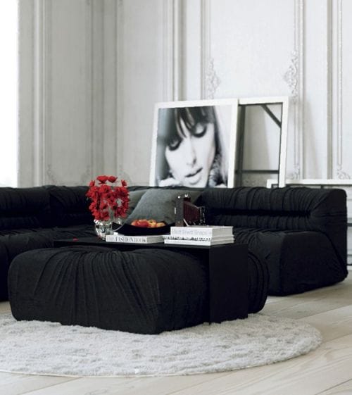 Parisian-Apartment-monochrome-living-with-white-walls-and-red-accents2-600x673