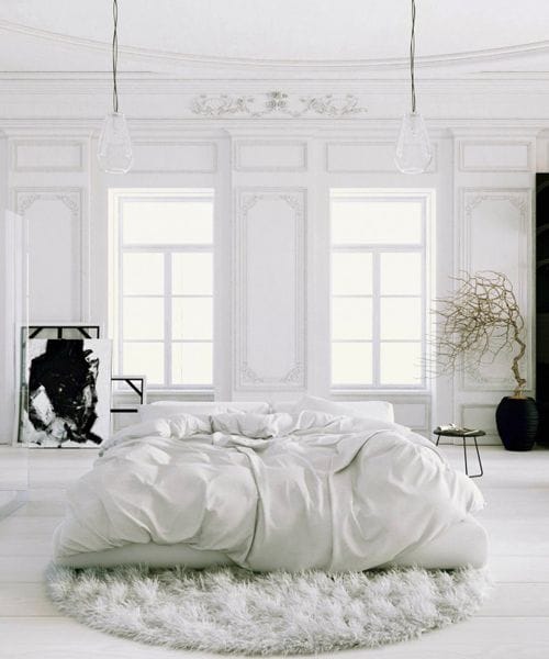 Parisian-Apartment-soft-white-bedroom-with-black-accents-and-potted-tree2-600x720