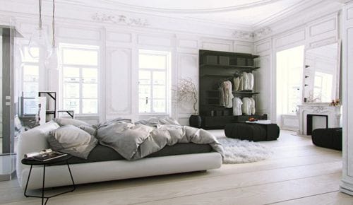 Parisian-Apartment-soft-white-bedroom-with-natural-light-and-black-accents-600x348