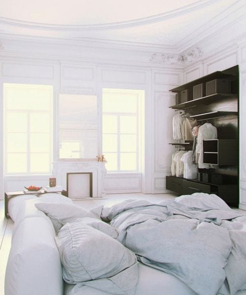 Parisian-Apartment-soft-white-cotton-bedding-with-fireplace-600x720