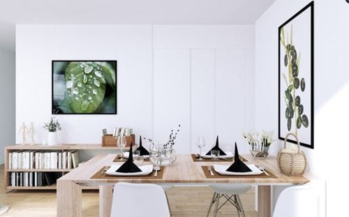 Scandinavian-Apartment-open-plan-dining-in-white-with-wooden-and-green-acccents-600x373