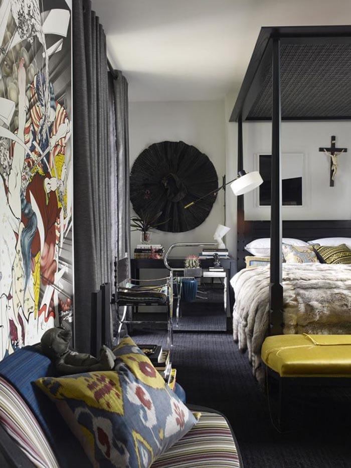 dormitorio maximalista con estampados