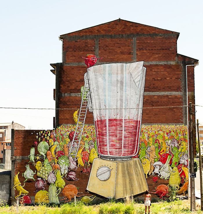 mural desordes creativas 2015 frutas licuadora fresa platano suicidio street art galicia arte urbano