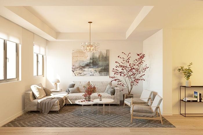 vista de la zona de sofas en piso de lujo en Barcelona