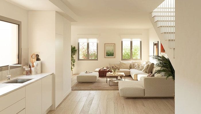 cocina abierta a salon exclusivo en piso de lujo de Barcelona