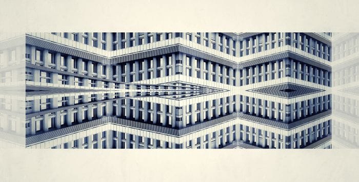Edificio azulado simetria con formas geometricas arquiectura