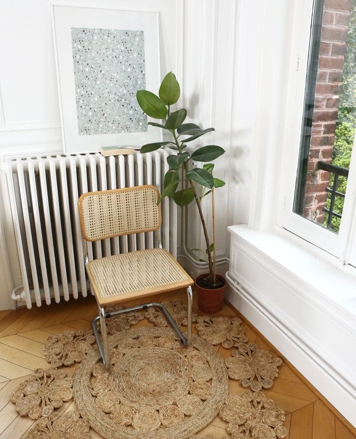 alfombra circular mandala planta radiador silla cesca