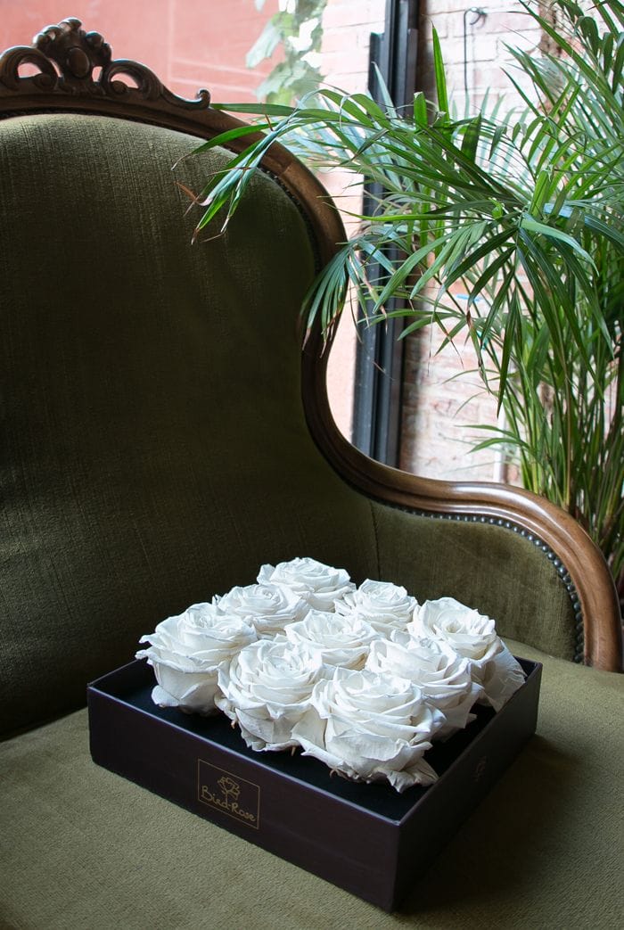 caja nueve rosas blancas preservadas cuadrada