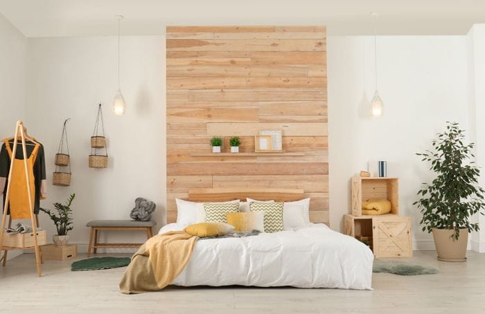 dormitorio doble con cabecero laminas madera