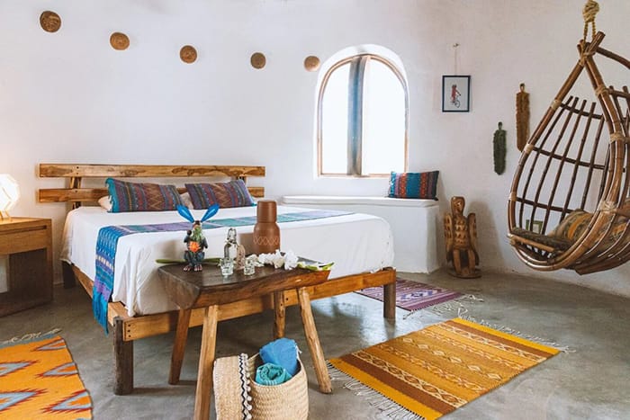 dormitorio estilo boho en Beach Bungalows Airbnb México