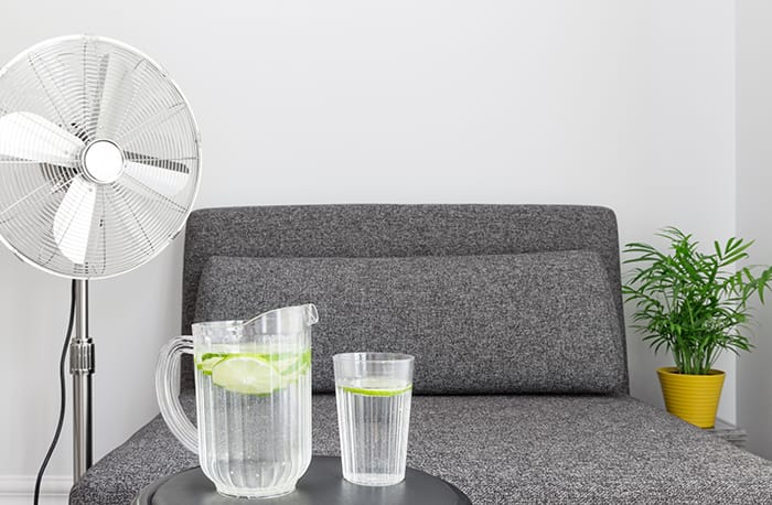 Sala de estar con un ventilador y una jarra de agua con un vaso