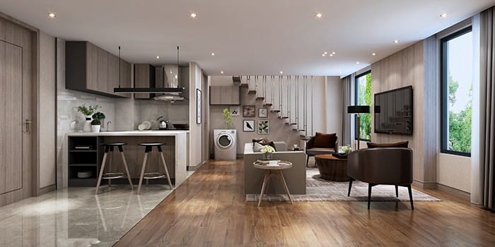 piso tipo loft con pequeño espacio para la cocina