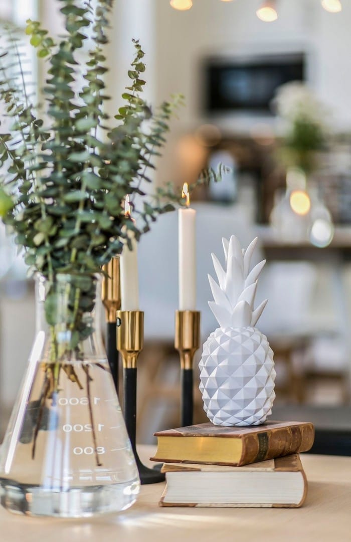 decoración con libro y jarrón con plantas