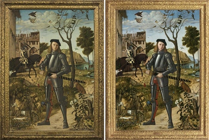 restauración Imagen general con marco, antes y después de la restauración