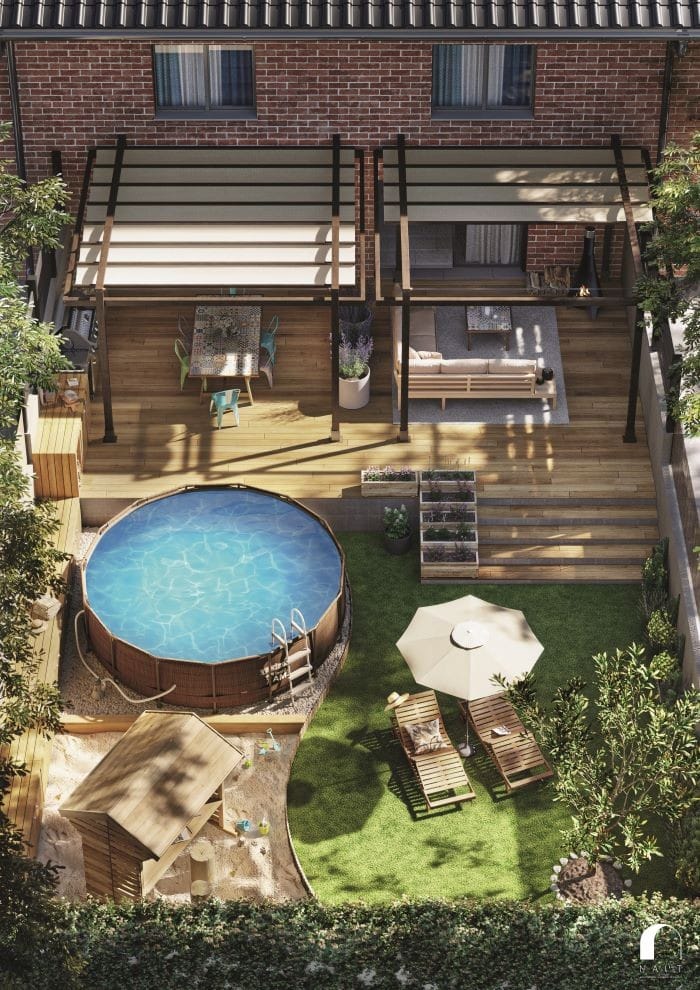 Panorámica de jardín con piscina en 24 horas de superficie