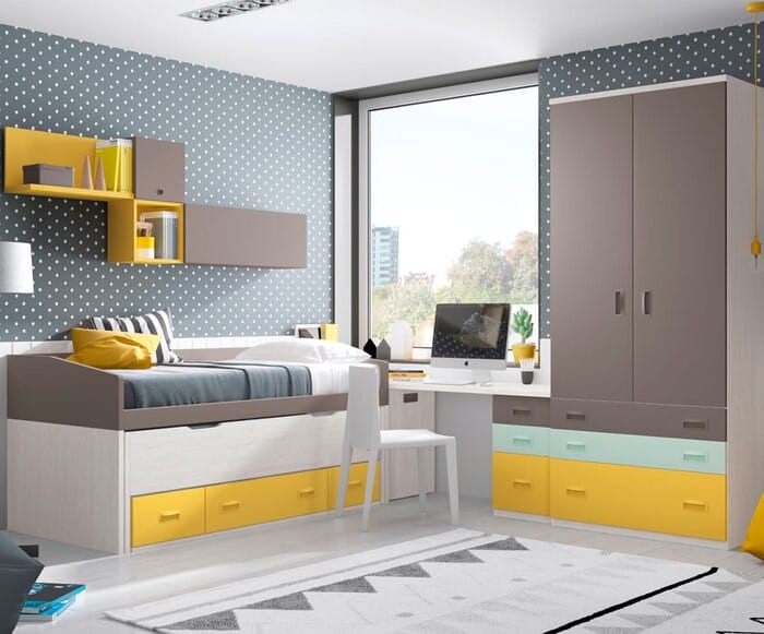 habitación juvenil colores neutros combinados con el amarillo