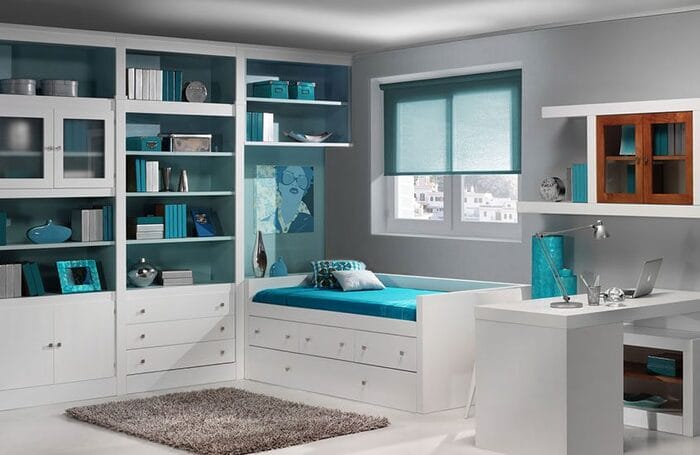 habitación juvenil tono blanco y azul
