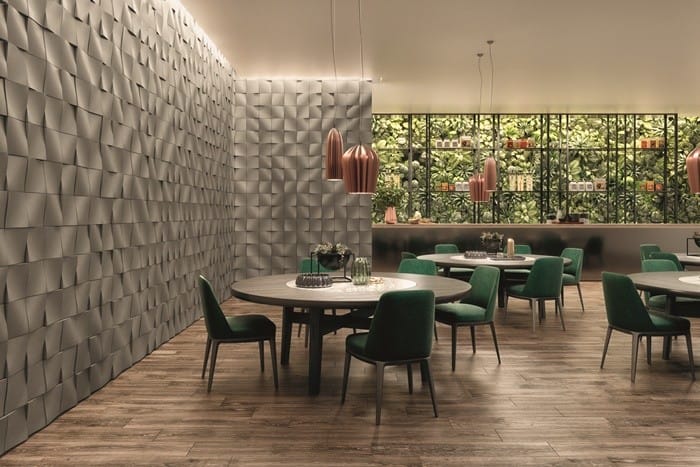 comedor madera mesas pared baldosas