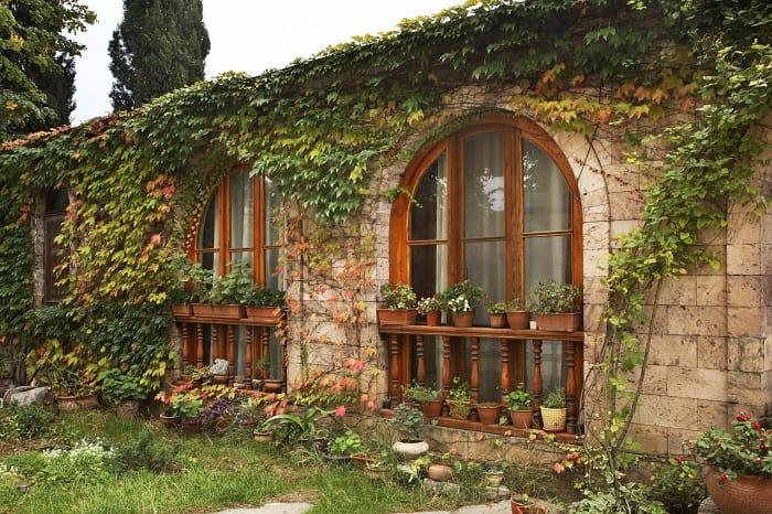 zona rural con una casa con flores y plantas