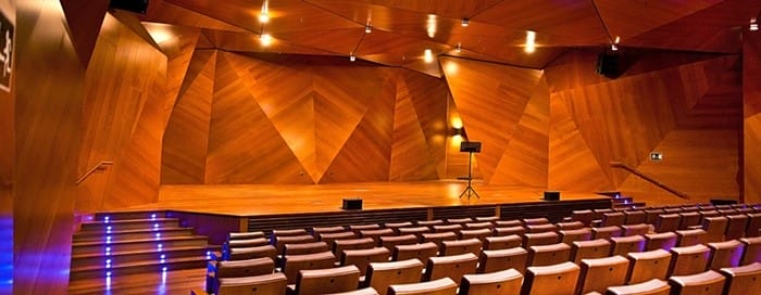 interior auditorio butacas madera calido