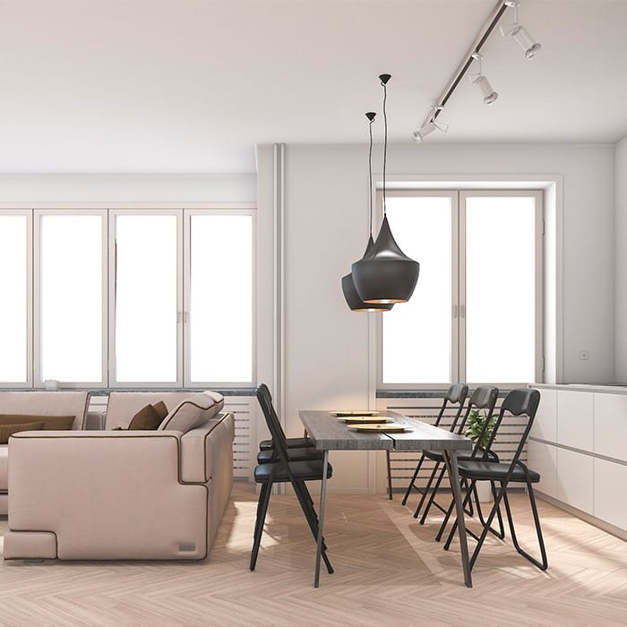 render 3D de salon abierto a la cocina