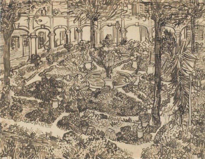 cuadro paisaje carboncillo sepia jardin