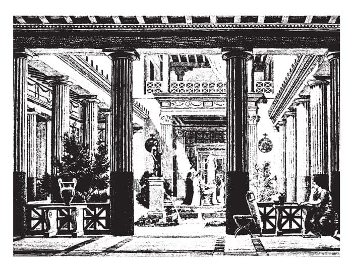 grabado blanco negro columnas patio interior