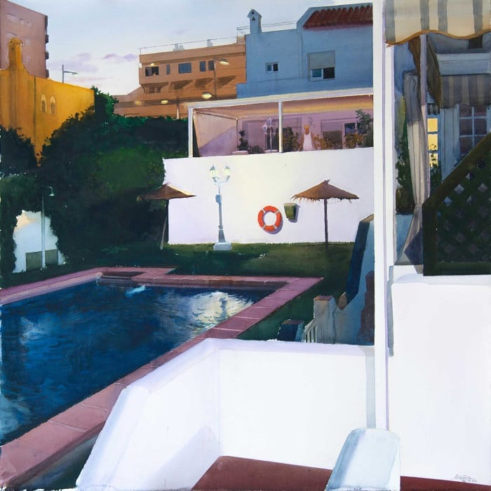 Paisaje de un jardín pintado en acuarela por Joaquín Ureña