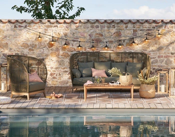 jardín con piscina bohemia chic