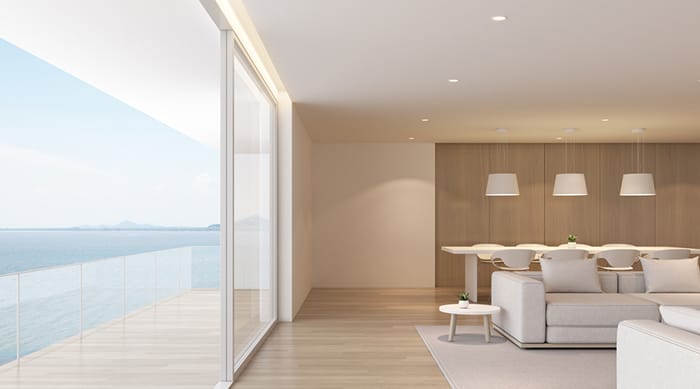 salon con suelo tarima flotante vistas mar