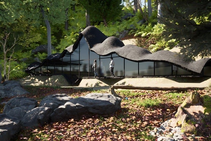 casa original en forma de volcán y lava