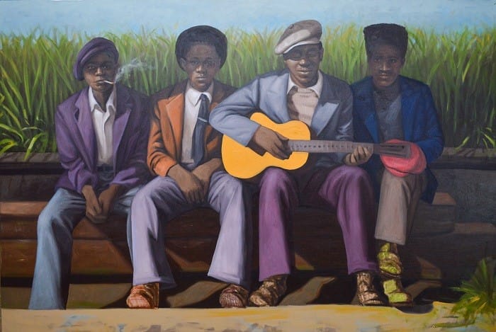Pintura de cuatro hombre africano, uno tocando la guitarra. Obra de Oliver Okolo