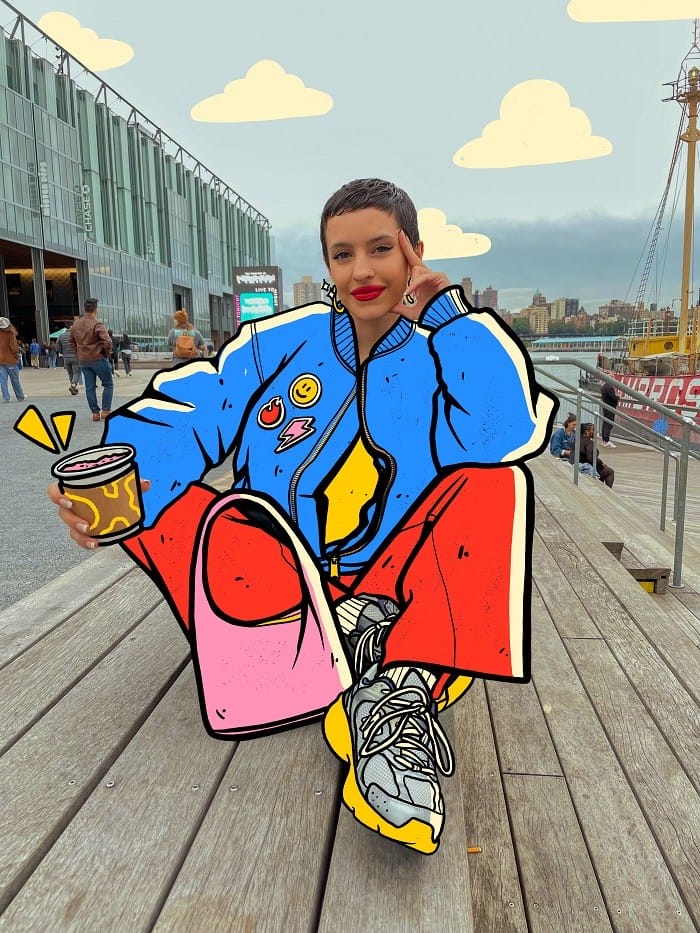Cara de la ilustradora Be Fernández y cuerpo dibujado en ilustración