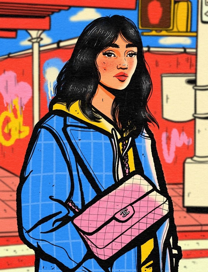 Ilustración de Be Fernández: chica con bolso rosa en la ciudad