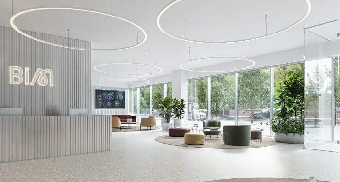 Interior de unas oficinas con un diseño moderno y amplio