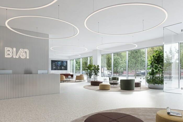 Interior de unas oficinas con un diseño moderno y amplio