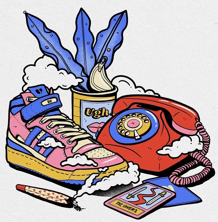 Ilustración de Be Fernández: conjunto de objetos como una zapatilla, teléfono, bolígrafo