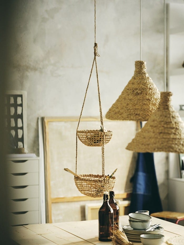 Almacenaje colgante de fibras naturales de Ikea colección MÄRVINN