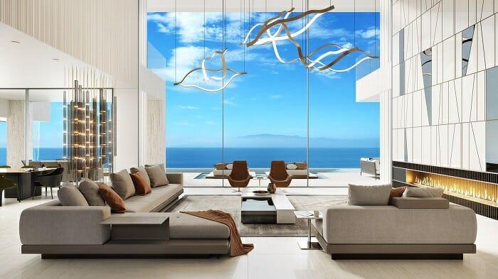 Interior de un salón de lujo con vistas al mar