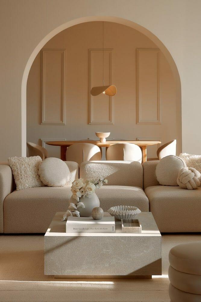 Salón con sofá blanco y cojines y al fondo una mesa de comedor en madera