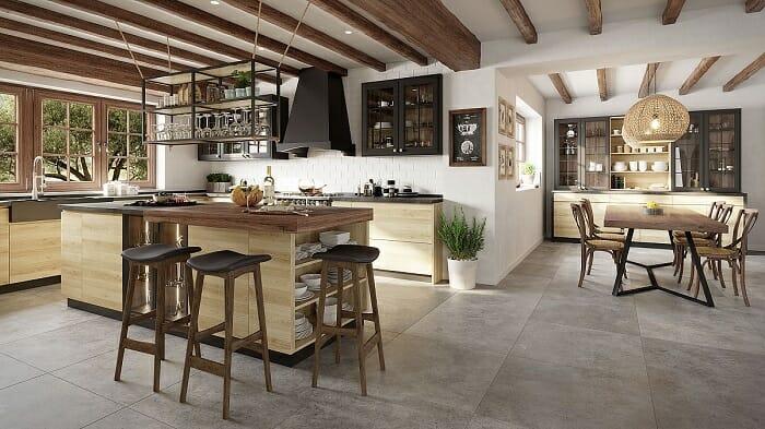 Cocina abierta con isla con taburetes con estilo rústico