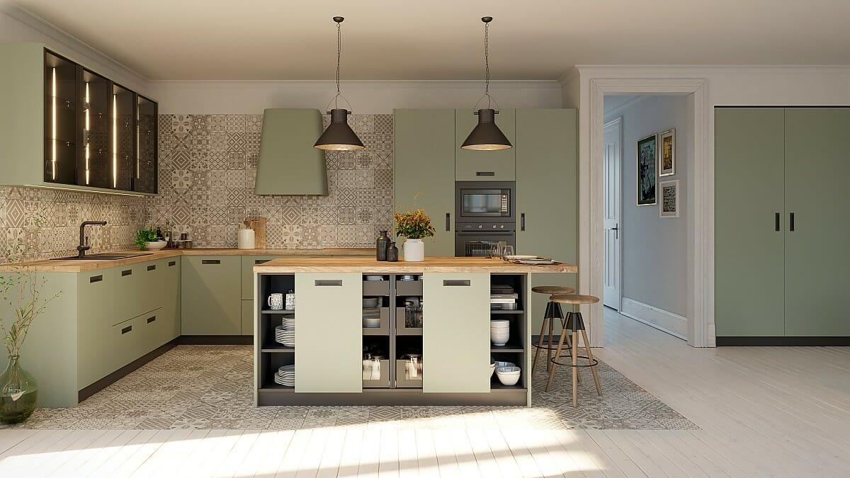 Cocina de diseño en color verde con isla en el centro