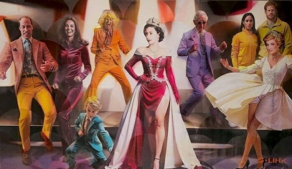 Pintura de la reina Isabel con bailarines famosos que son familia suya