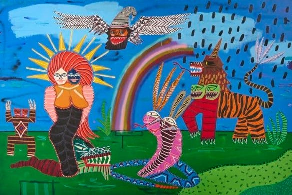 Pintura de Kerwick muy colorida con arco iris, mujer de dos cabezas y un tigre