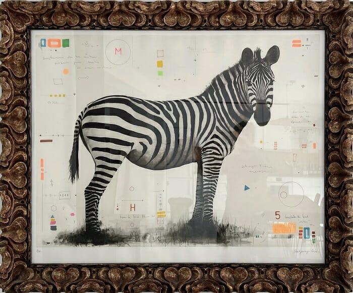 Cuadro de pintura de una cebra en blanco y negro