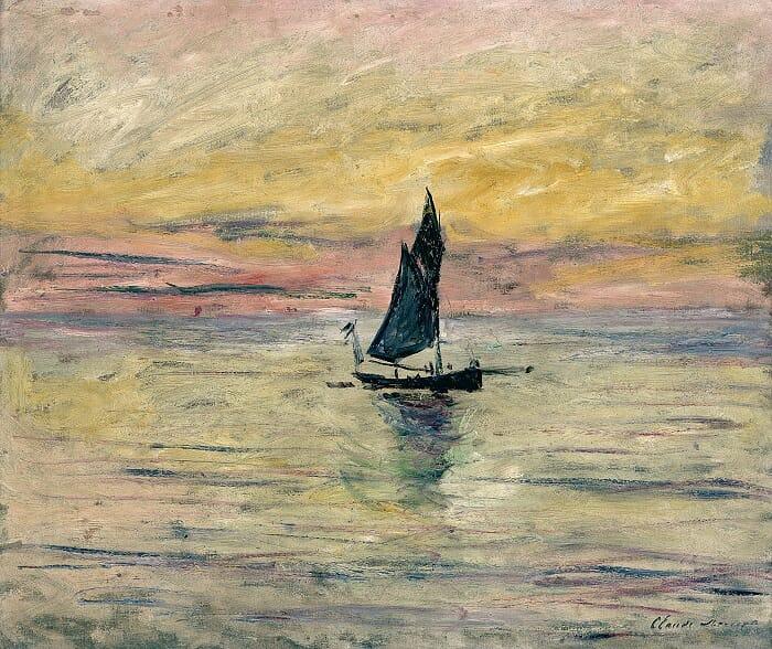 Cuadro de pintura de Monet de el mar al atardecer con un velero